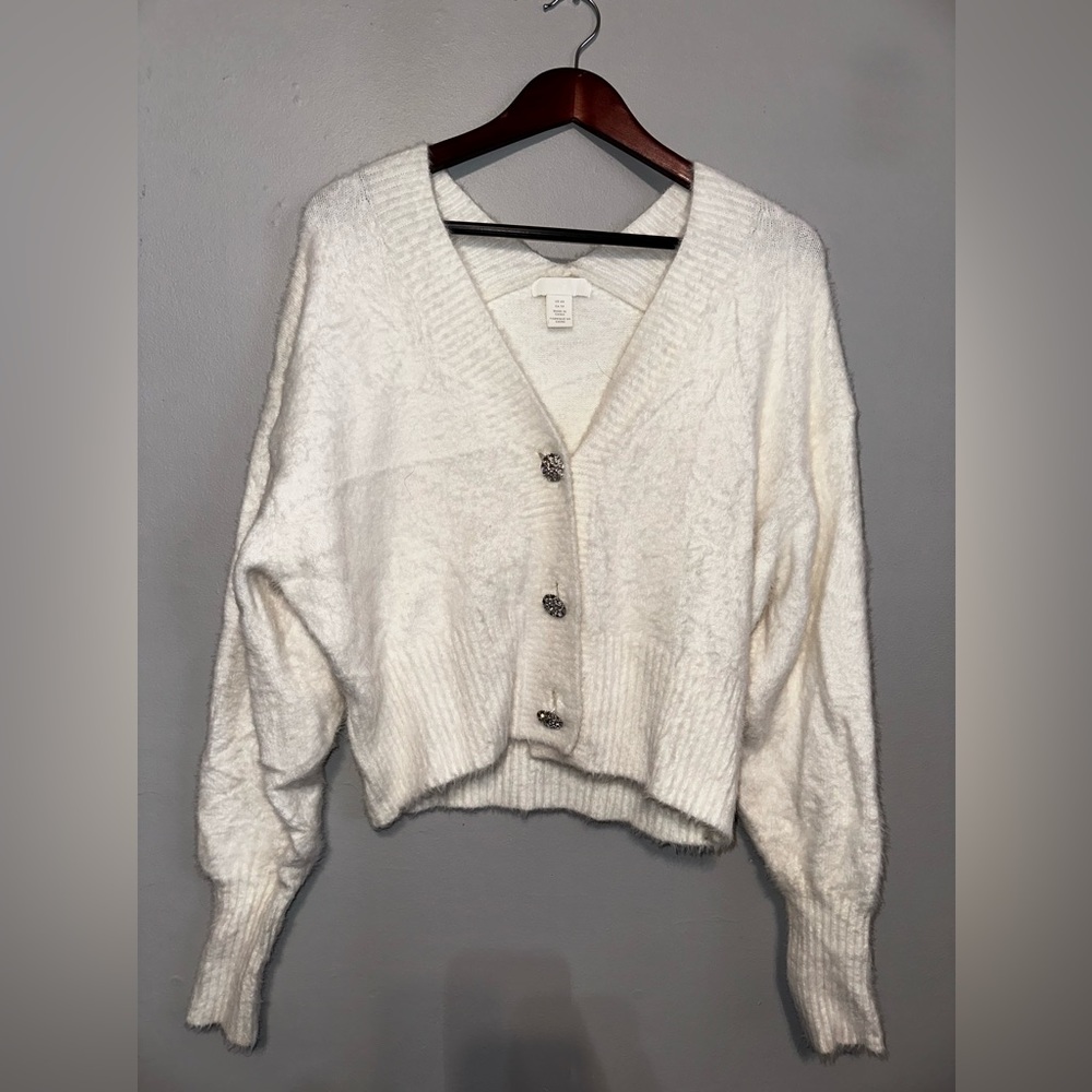 White Button Down Sweater with Gem Buttons